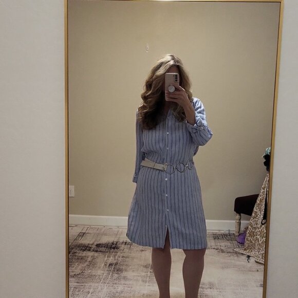 J. Jill Linen Front Button Shirt Dress Sleeves Roll up Small Collar Blue Size L - Picture 10 of 15